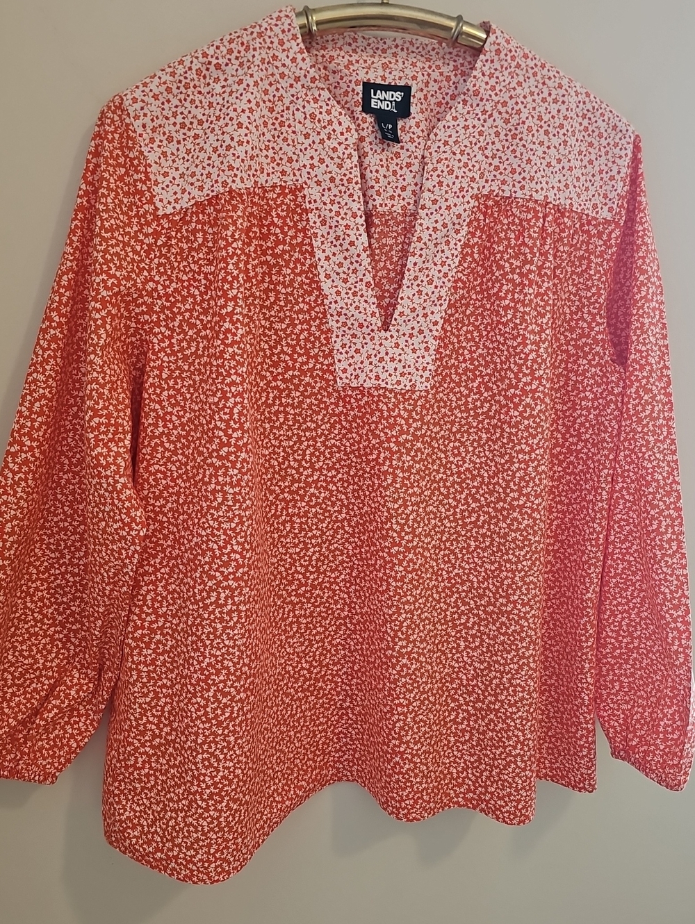 Lands End Floral Tunic Blouse Womens Size L Orange‎ V-Neck Cotton 525777 Casual